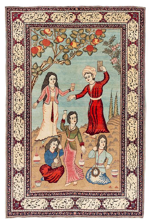 A semi-antique pictoral Keshan rug, so called Dabir, c. 205 x 138 cm.