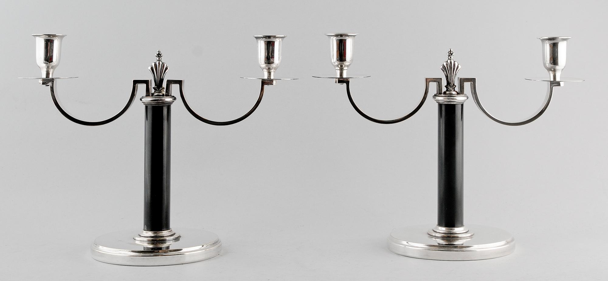 KANDELABRAR, 1 par, nysilver och ebonit, 1930-tal.