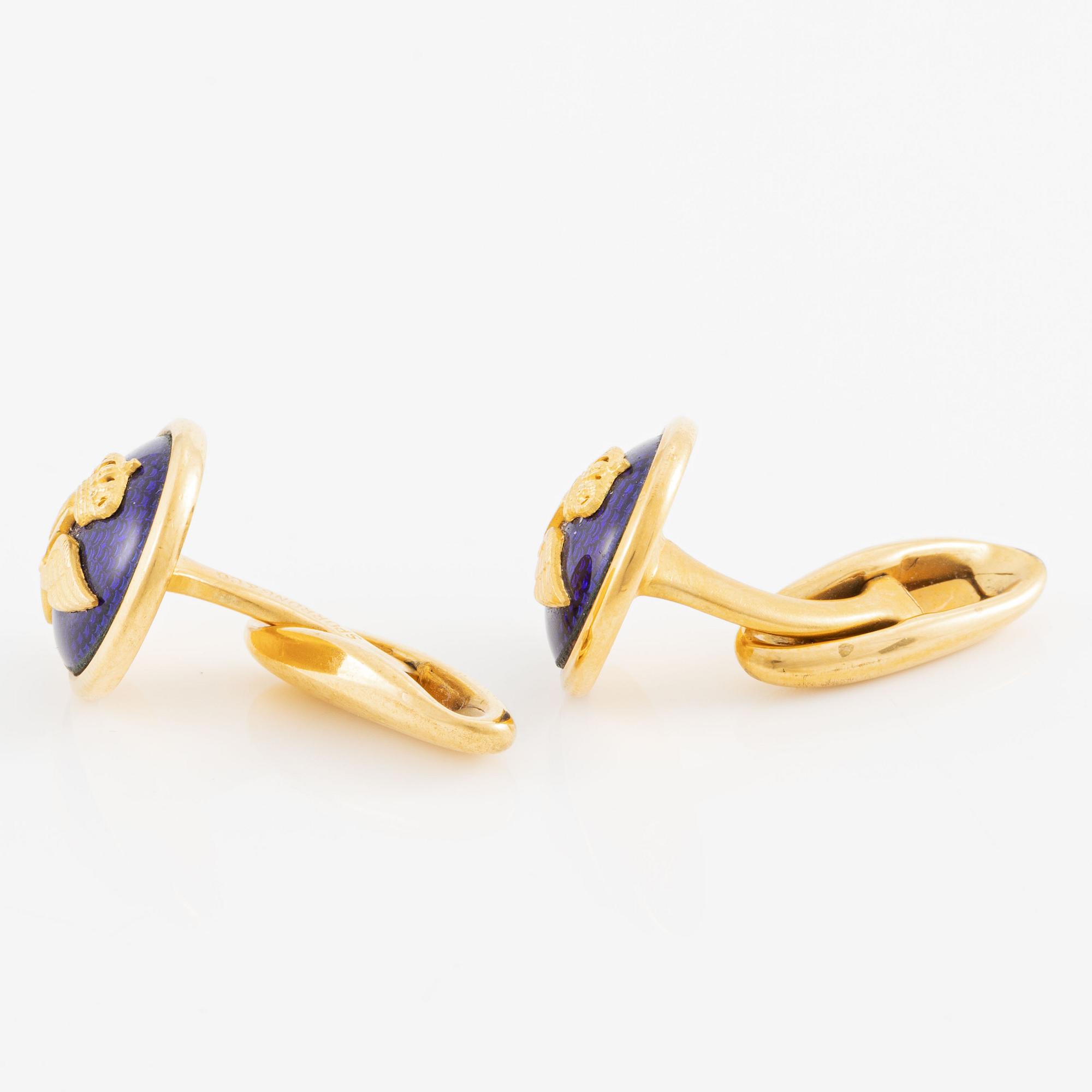 Pin, 18K guld med emalj och diamanter, SAS. Manschettknappar, Sporrong & Co, förgylld metall medföljer.