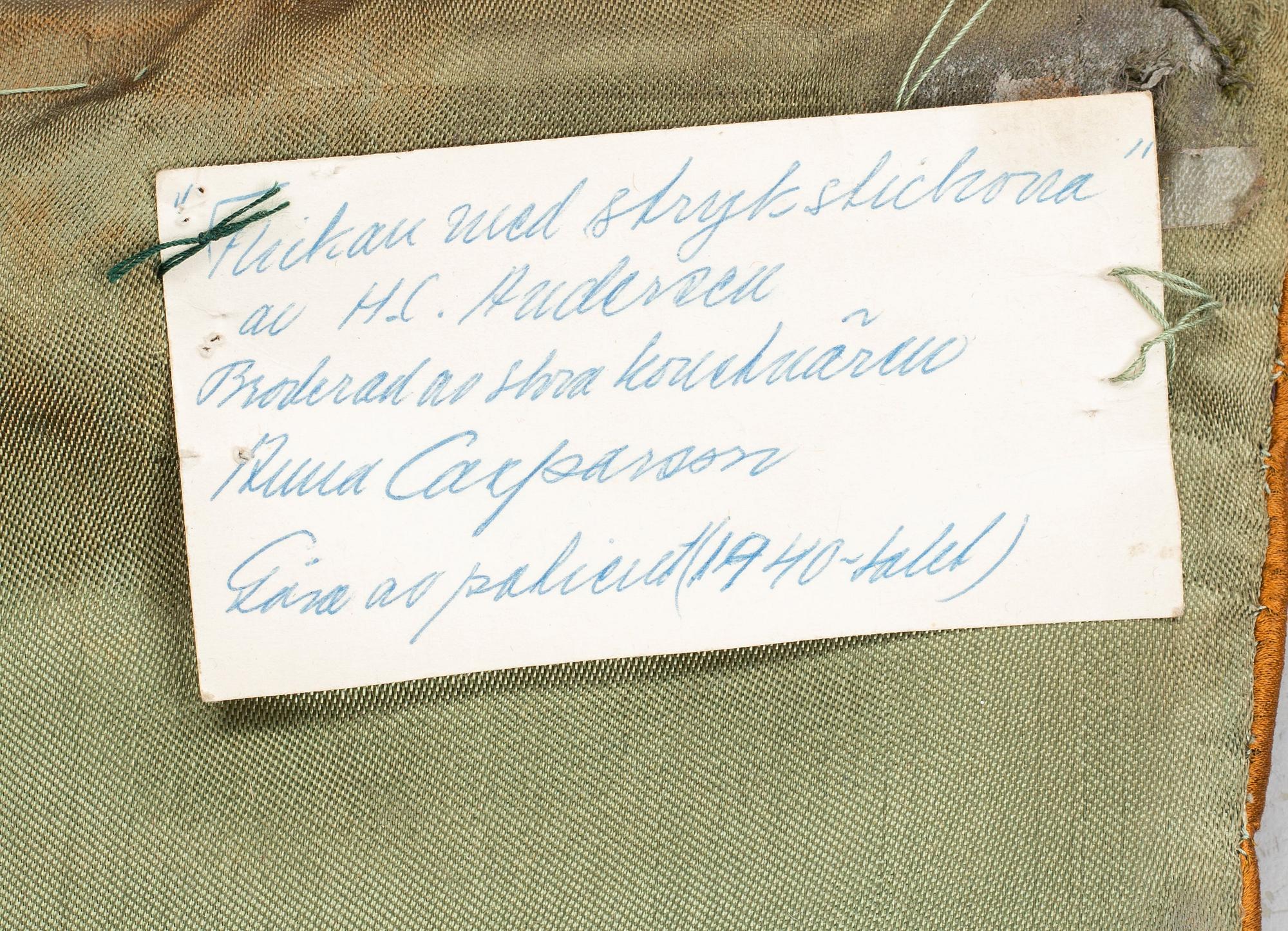 Anna Casparsson, an embroidery, "Flickan med strykstickorna av H.C. Andersen", ca 30,5 x 30,5-31,5 cm.