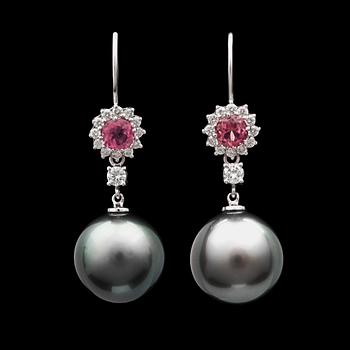 1010. A pair of pink tourmaline and cultured Tahiti pearl earrings.