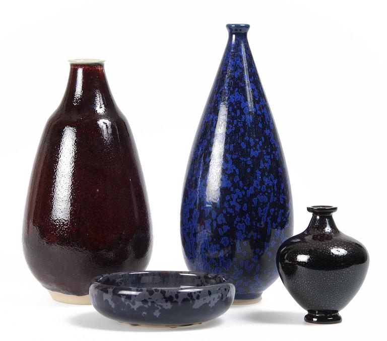 SKÅL, samt VASER, 3 st, stengods, Roger Nilsson, egen ateljé, sign, 1980-tal.