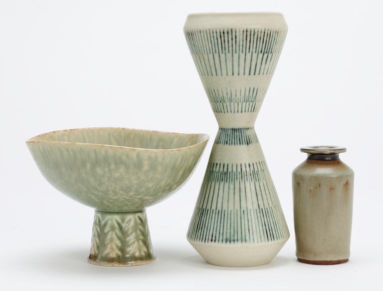 A Carl Harry Stålhane stoneware bowl and two vases, Rörstrand.