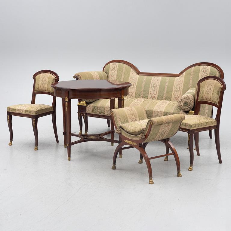 Sofa, 2 chairs, stool, table, Empire style, 5 pieces, 20th century.
