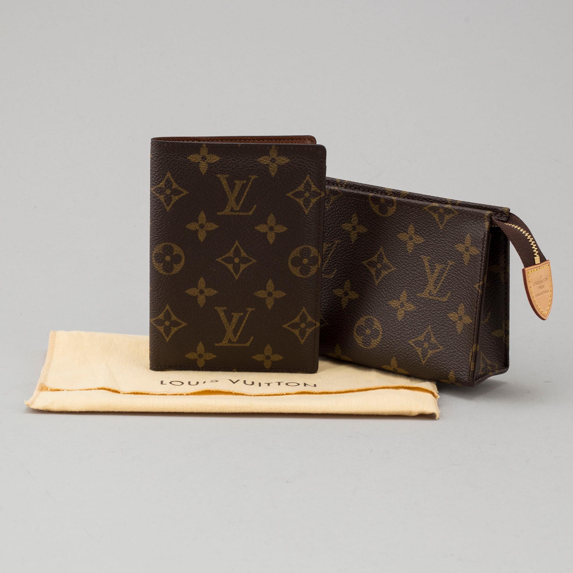 LOUIS VUITTON, "PASSPORT COVER" & "TOILETRY POUCH 15"  passport case and toiletbag.