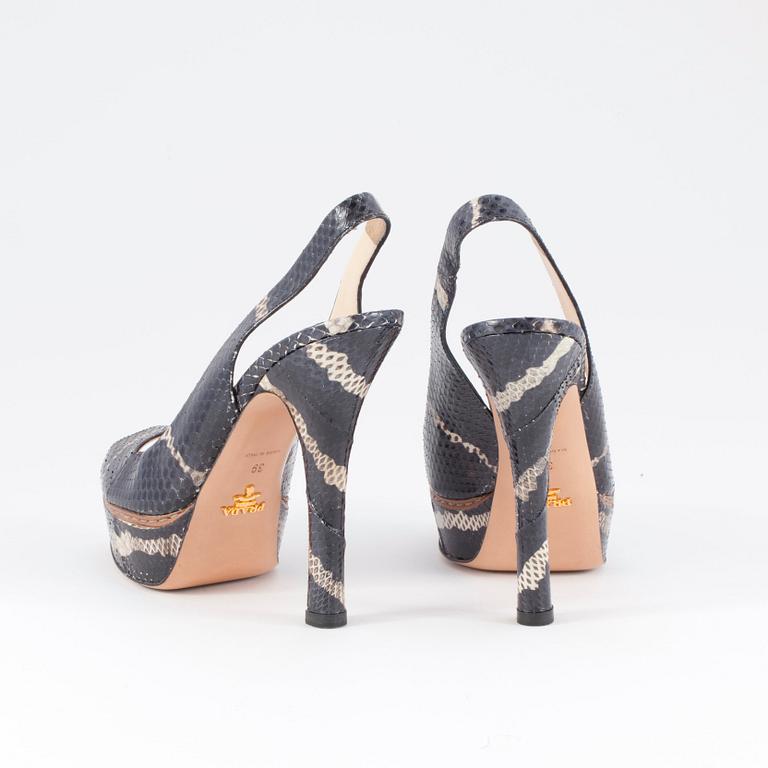 PRADA, a pair of gray snakeskin embossed leather sandals. Size 39.