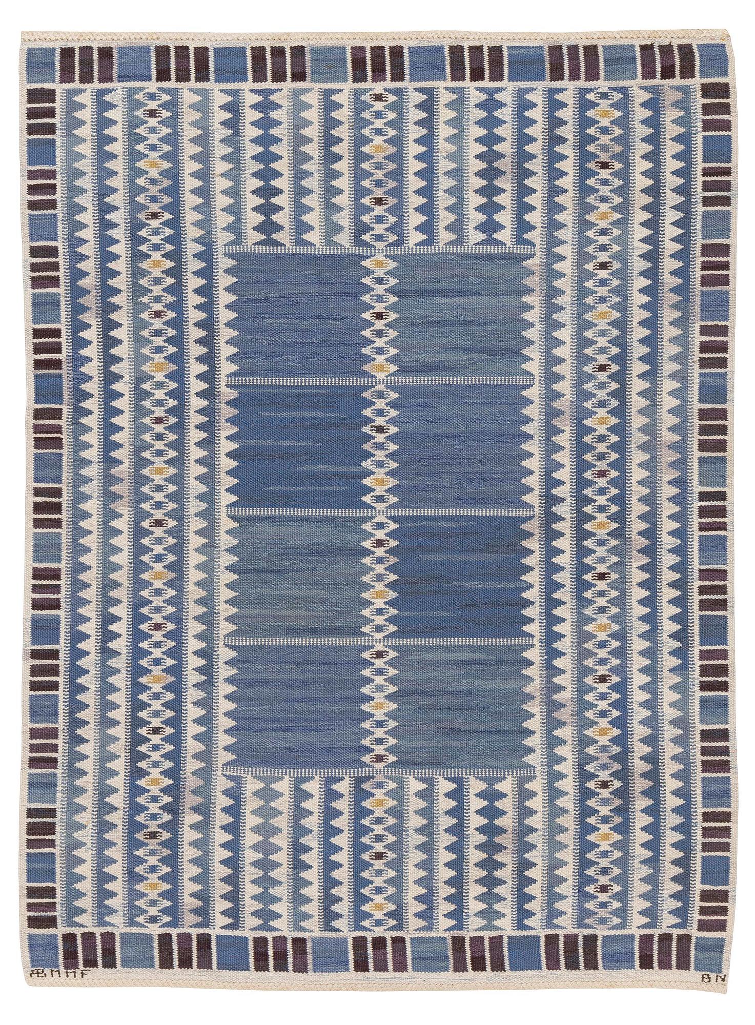 Barbro Nilsson, a carpet, 'Salerno blå', flat weave, c. 245 x 182 cm, signed AB MMF BN.