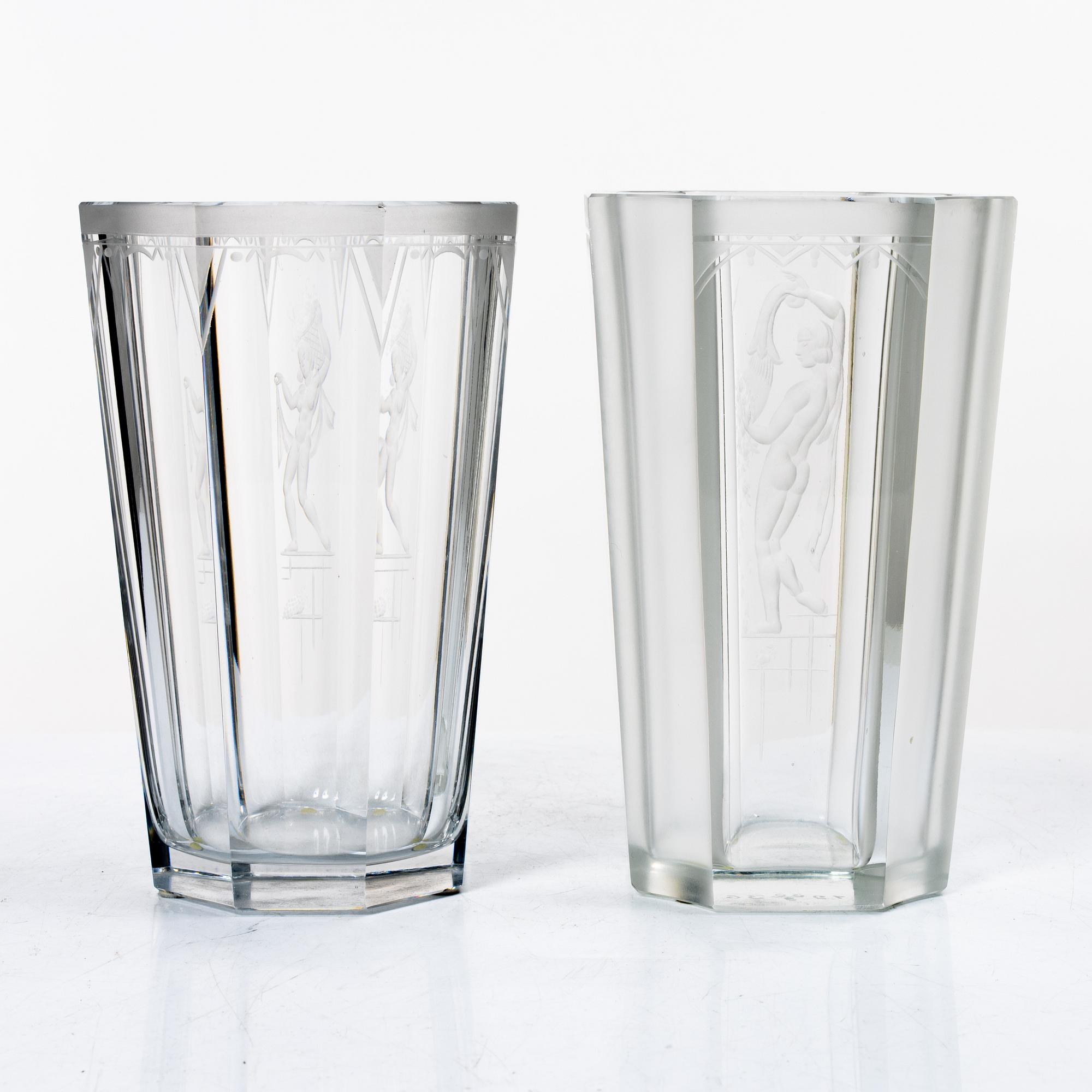 Emil Weidlich, vaser, 2 st, Elme glasbruk, 1930-tal.