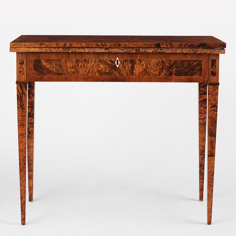 A late Gustavian burr-alder cards table, Mälardalen, late 18th century.