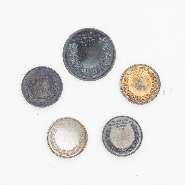 Medaljer, 5 st, silver, Kungl. Myntverket, omkring år 1900.