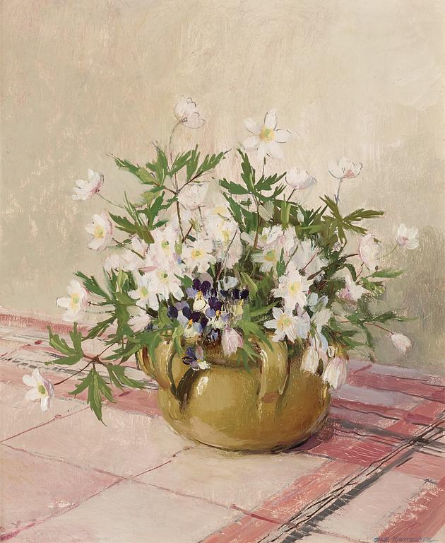 Olle Hjortzberg, Still life with wood anemones and heartsease.