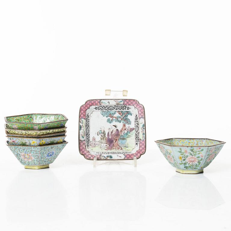 A set of six Chinese enamel on copper bowls and a dish, Qing dynasty and 20th century.