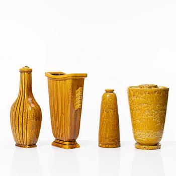 Gunnar Nylund, a set of three chamotte stoneware vases and a lamp base, Rörstrand 1930s-40s.