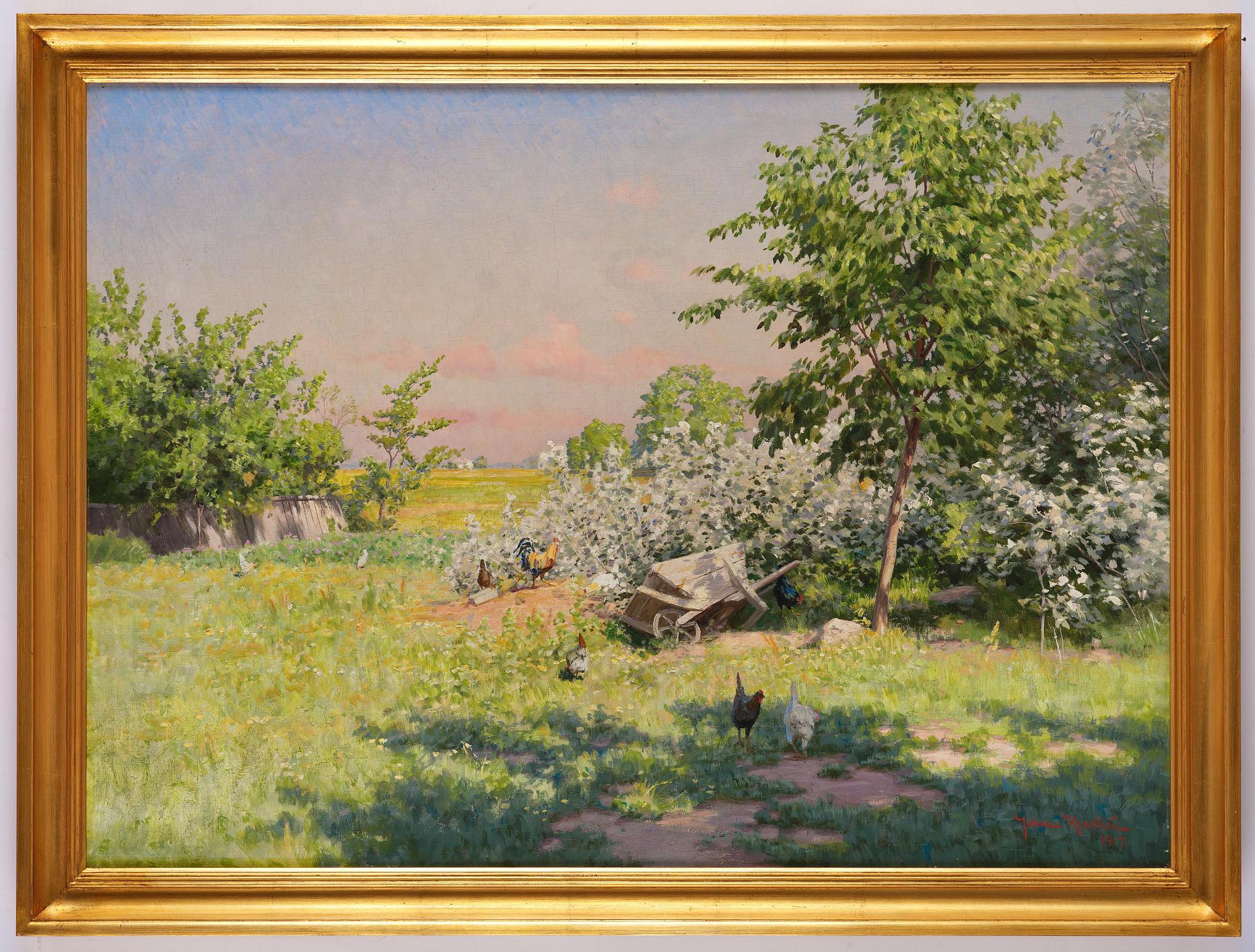 Johan Krouthén, Summer landscape with pecking hens and a wheelbarrow.