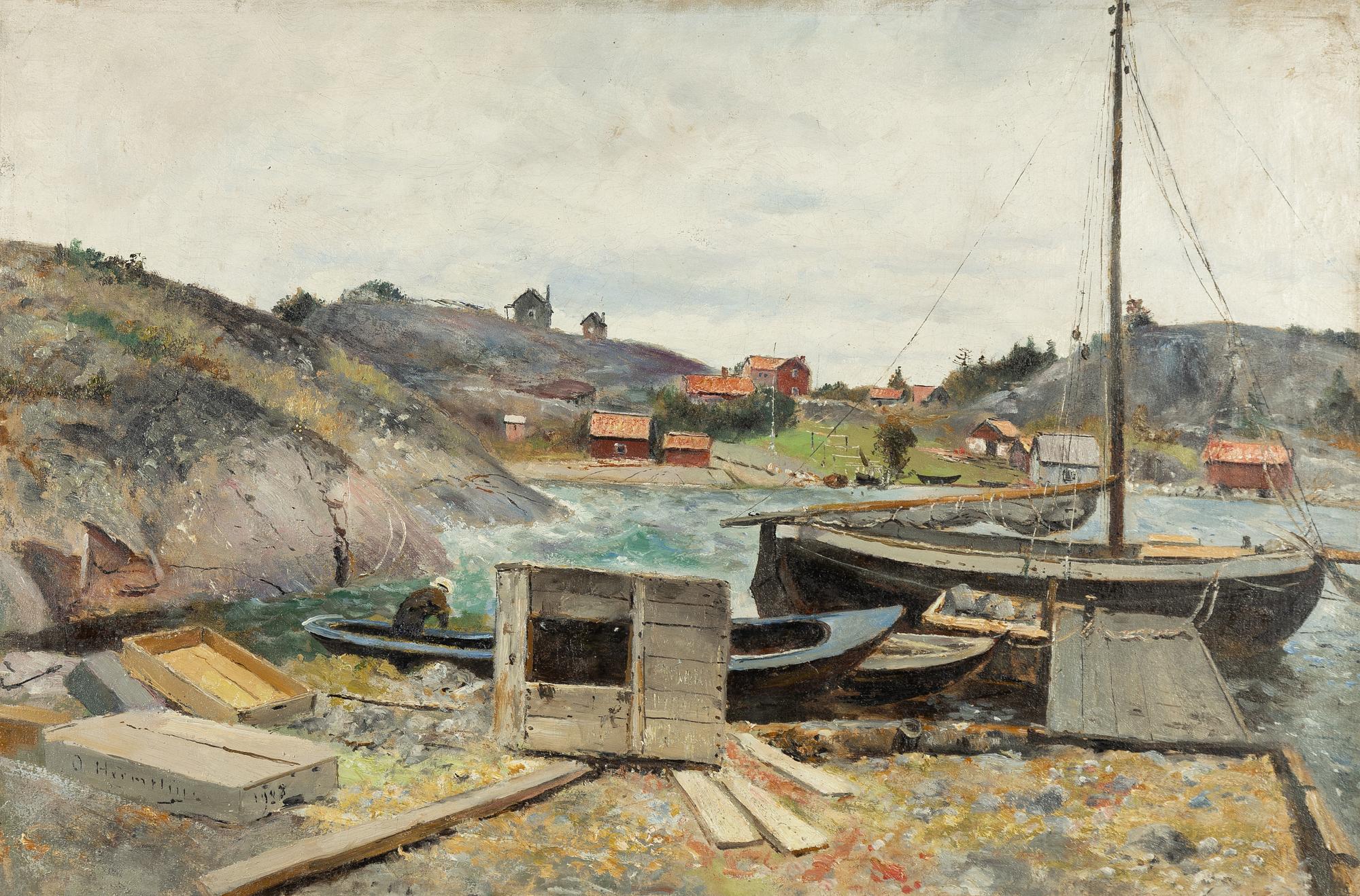Olof Hermelin, Kustsamhälle med figur vid båtar.