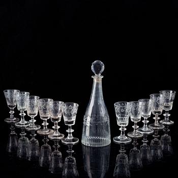 A matched set with a bottle and 11 glasses, 19th Century.