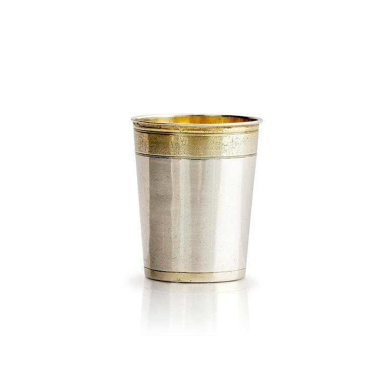 A German parcel-gilt silver beaker, mark of Paul Solanier (1635-1724), Augsburg possibly 1697-99.