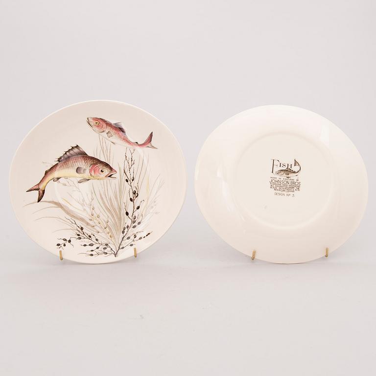 A set of 12 'Fish' dinner plates and two serving dishes, 'Fish' and 'Bird Game', Johnson Brothers, England.