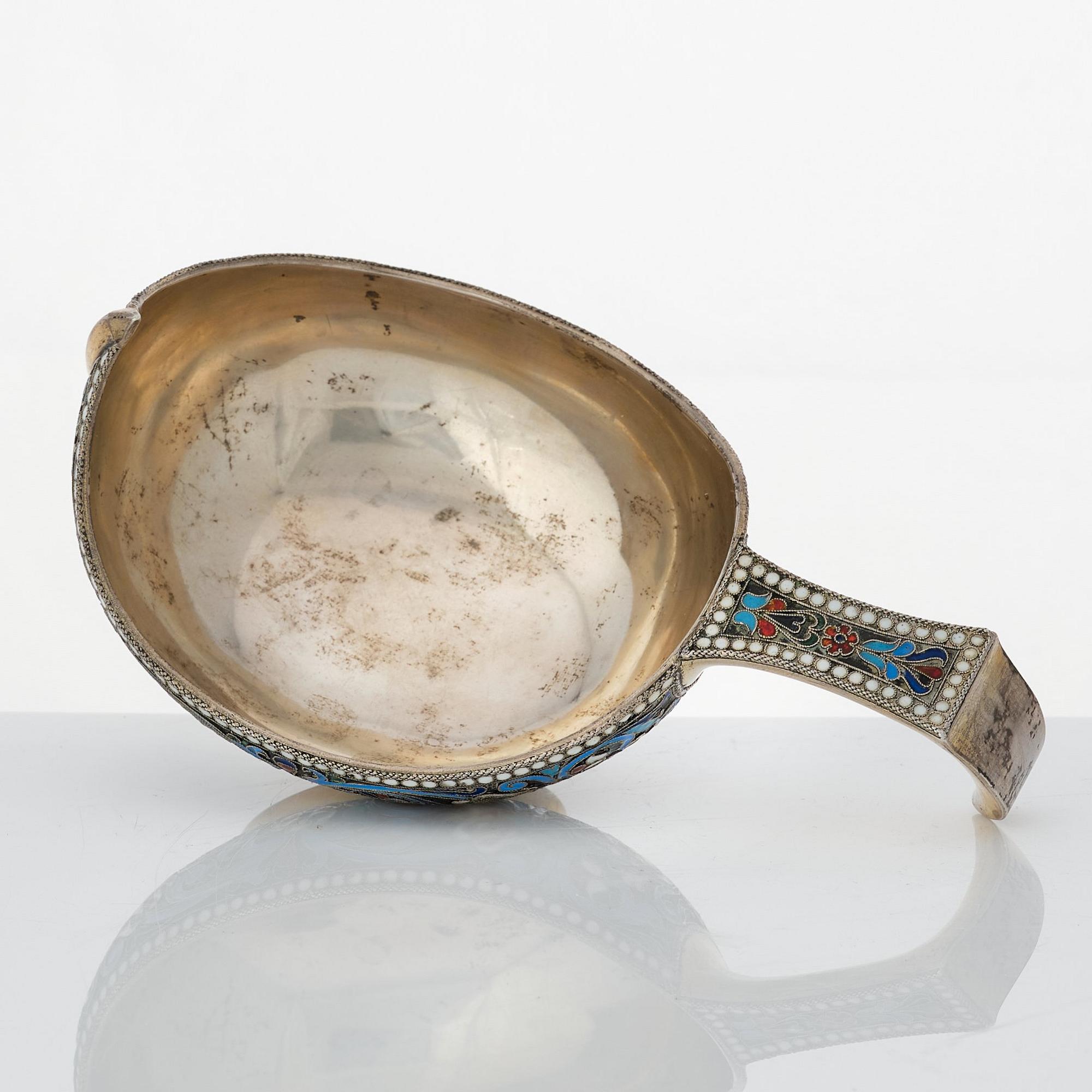 A Russian silver-gilt and cloisonné enameled kovsh, unidentified makers mark, St. Petersburg 1899-1908.