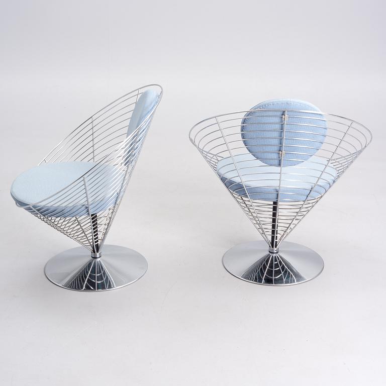 VERNER PANTON, FOUR WIRE CONE CHAIRS. Labelled Fritz Hansen, Danmark 1990. Designed in 1958.