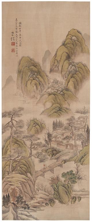 Zhang Qing (Tianma Shanmin), A mountain landscape with buildings and a man riding across a bridge in the foreground.