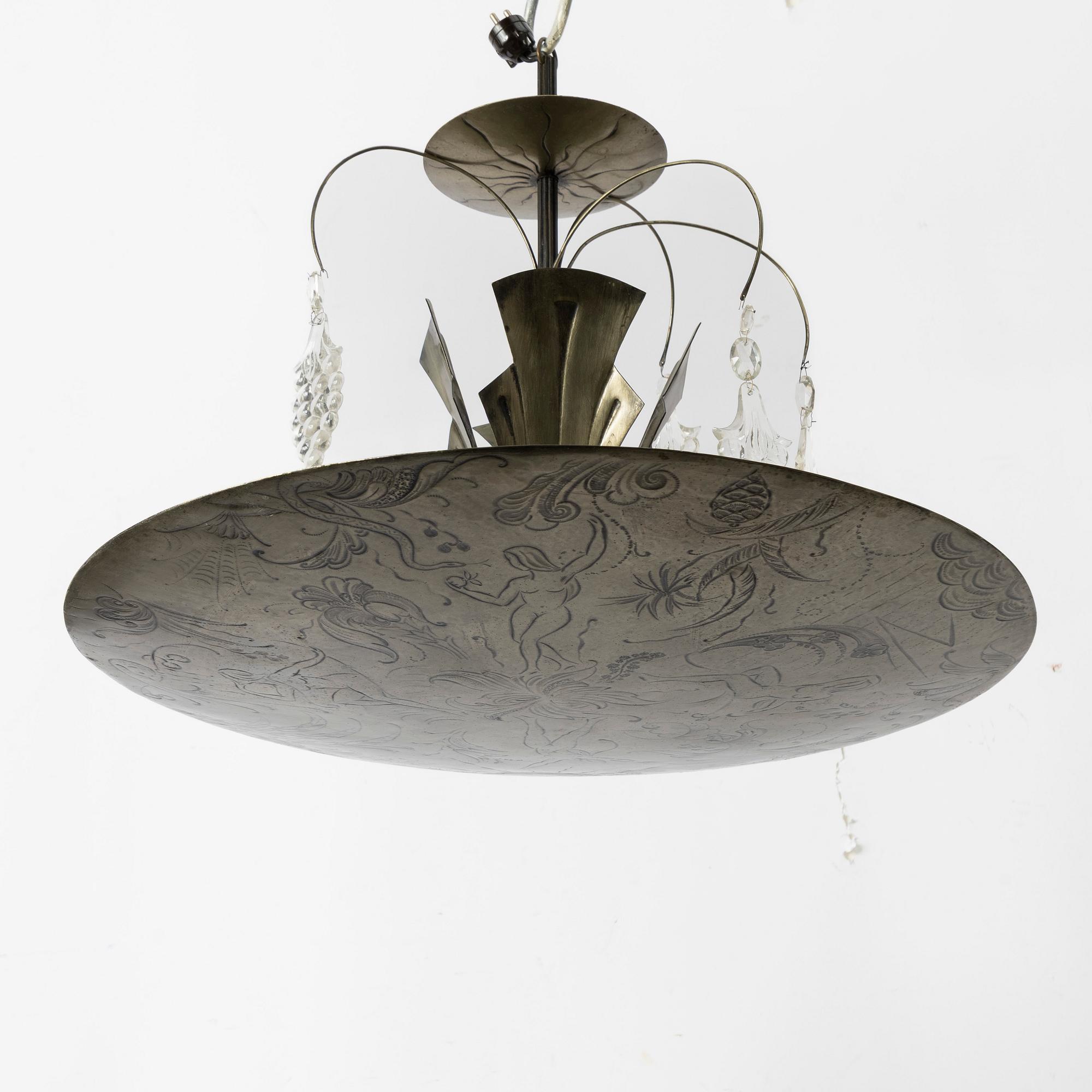 A Swedish Grace ceiling lamp, Sweden, 1920's, by engraver Gustaf Åström, Stockholm.