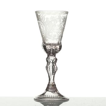 A English engraved and cut glass goblet, 18th Century.