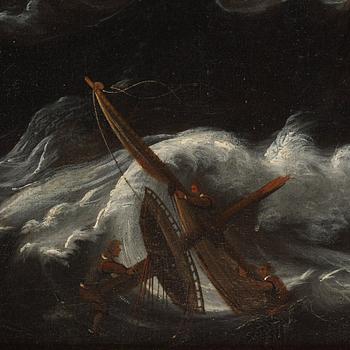 David Ludeking Attributed to, Ships on stormy coastal sea with casle above.