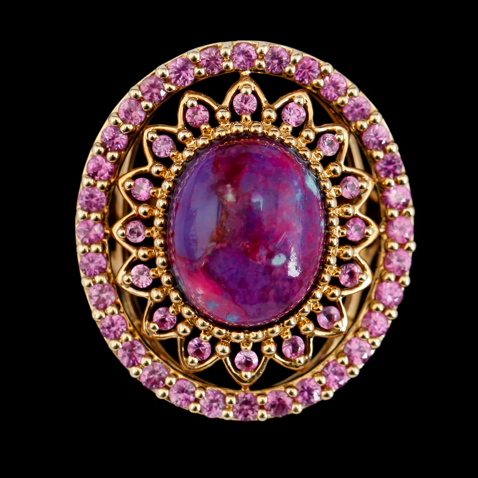 RING, 14K guld, rosa safirer samt agat.