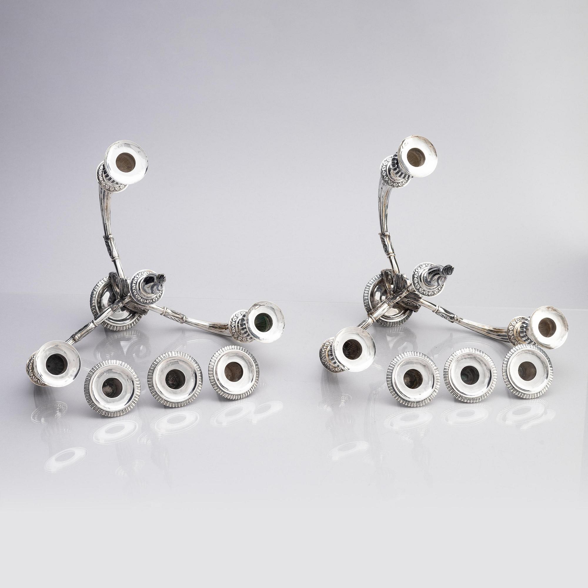 A pair of Danish 19th century silver candelabras, marks of Caspar Julius Wrom, Copenhagen 1834.