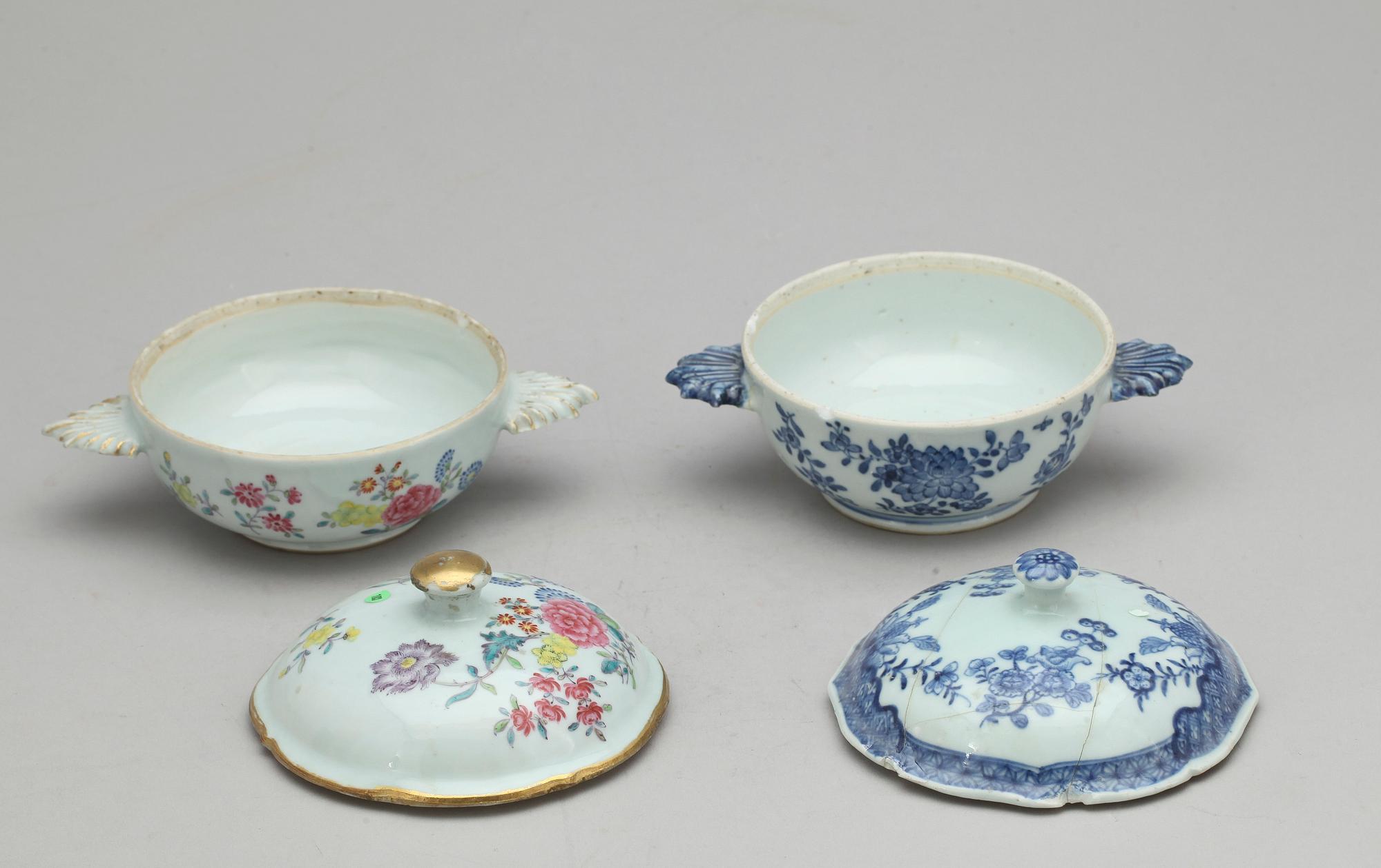 EQUELLER med LOCK, två stycken, kompaniporslin. Qing dynastin, Qianlong (1736-95).