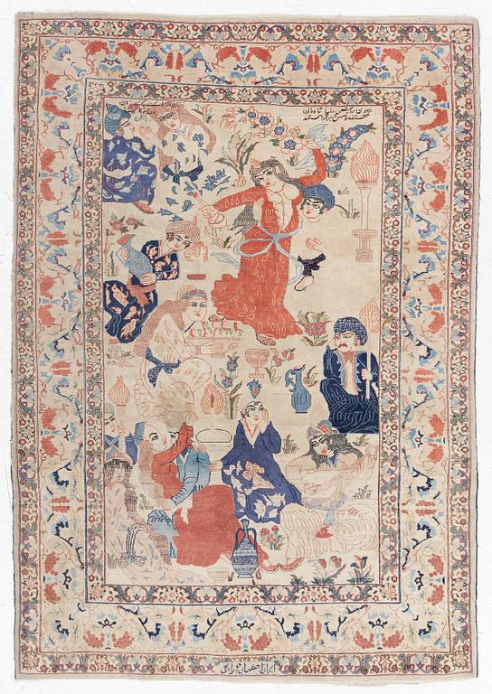 Matta, Täbriz, figural, signerad, ca 171 x 118 cm.