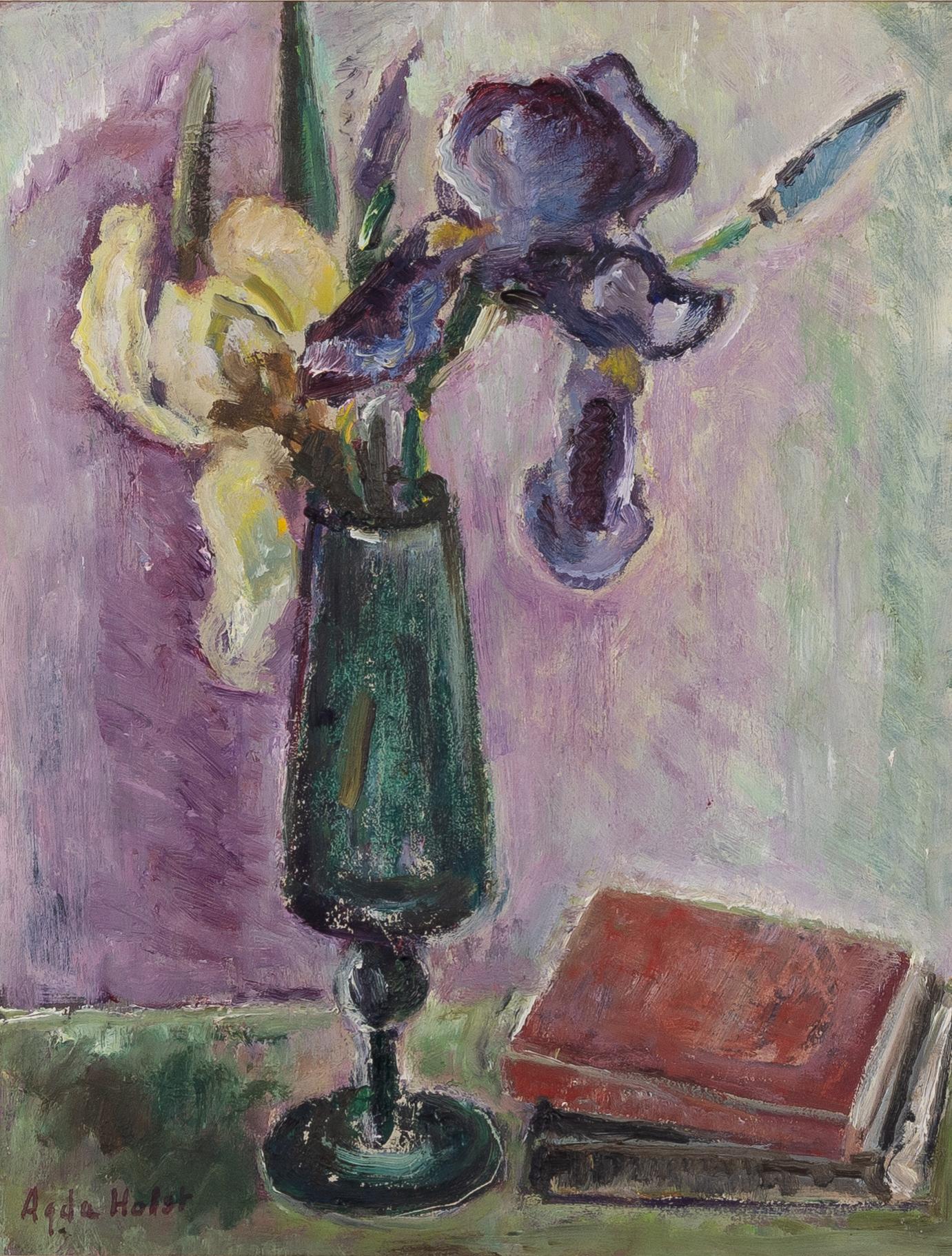 Agda Holst, Still life with flowers and books.