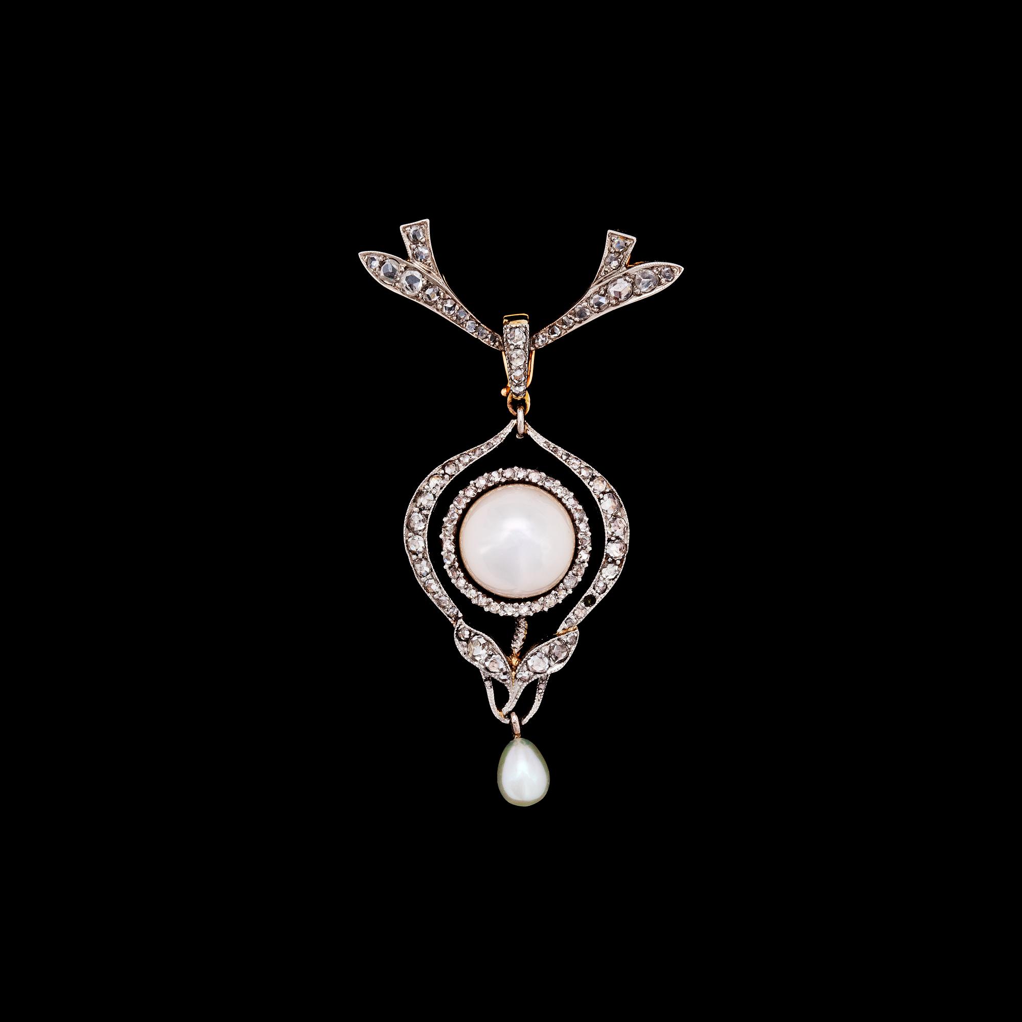 BROSCH/HÄNGE, pärlor och rosenslipade diamanter, tot. ca 1 ct.