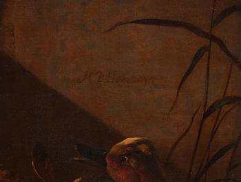 Melchior de Hondecoeter Attributed to, A duck family by the water.