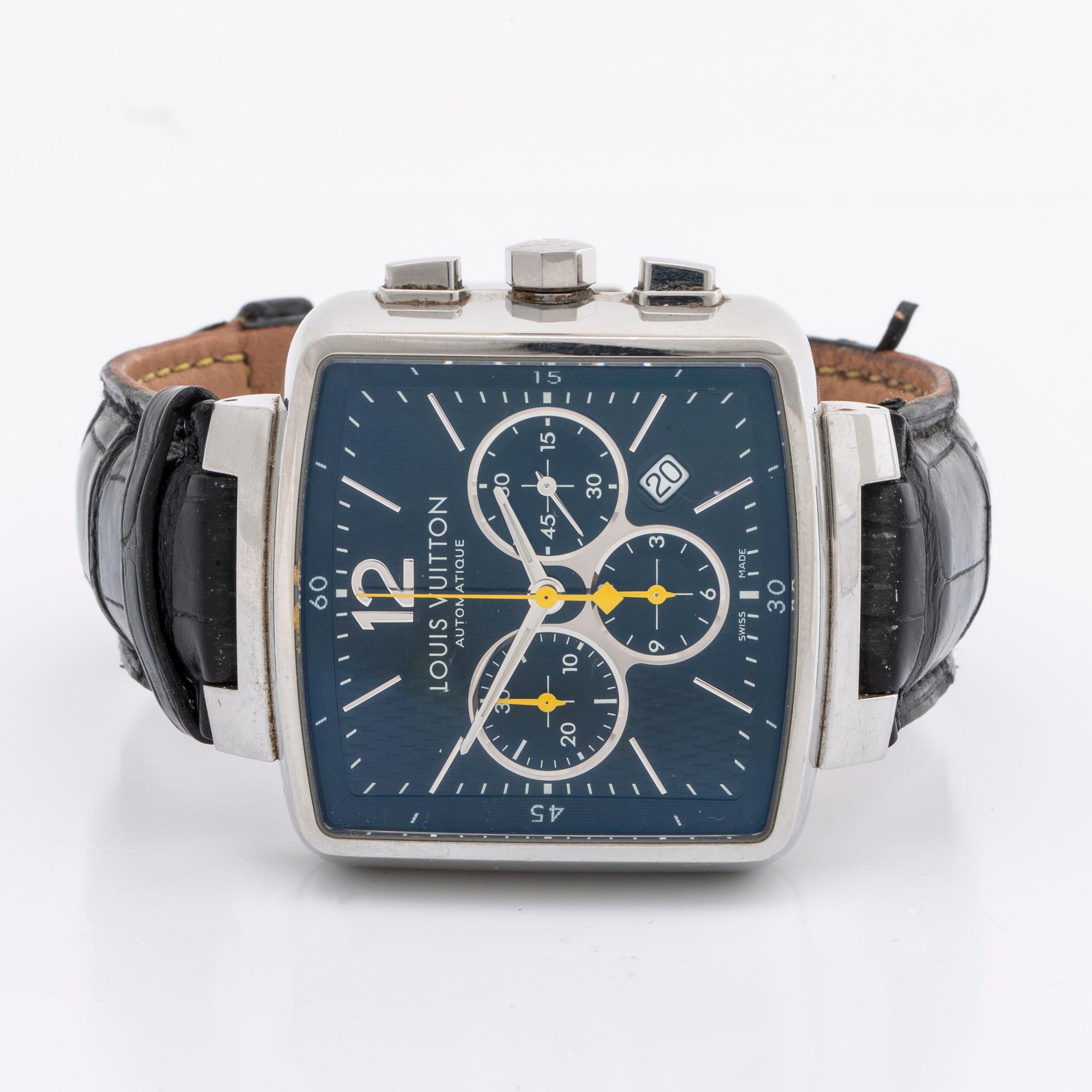 LOUIS VUITTON ARMBANDSUR 40 mm, stål, automatisk, original läderarmband, originaletui.