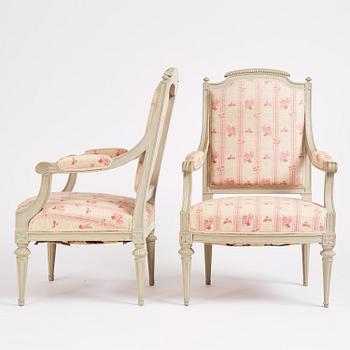 A pair of Gustavian open armchairs, Stockholm, late 18th century.