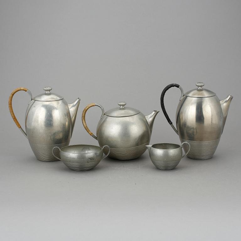 KAFFE och TESERVIS, 5 delar, tenn, Just Andersen, Danmark.