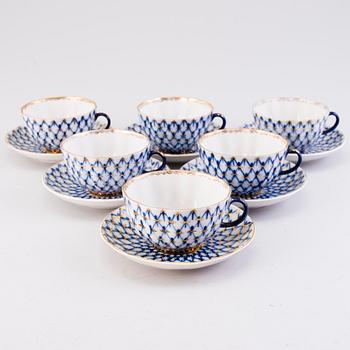 A 34-piece 'Cobalt Net' porcelain set for coffee and tea, Lomonosov, Soviet Union.