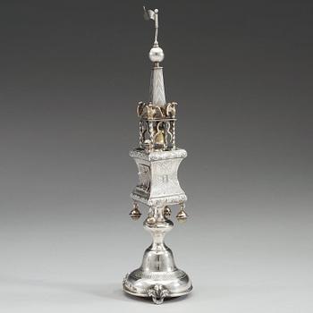 A Russian 19th century silver besamin-tower, makers mark of Swinarski, (St. Petersburg) 1876.