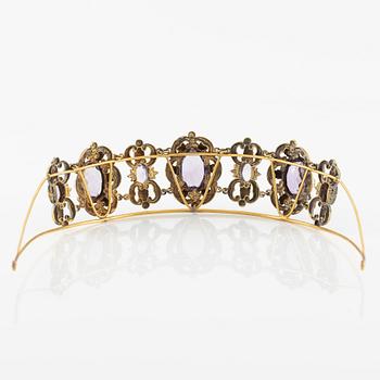 Tiara, gilded metal with faceted amethysts.