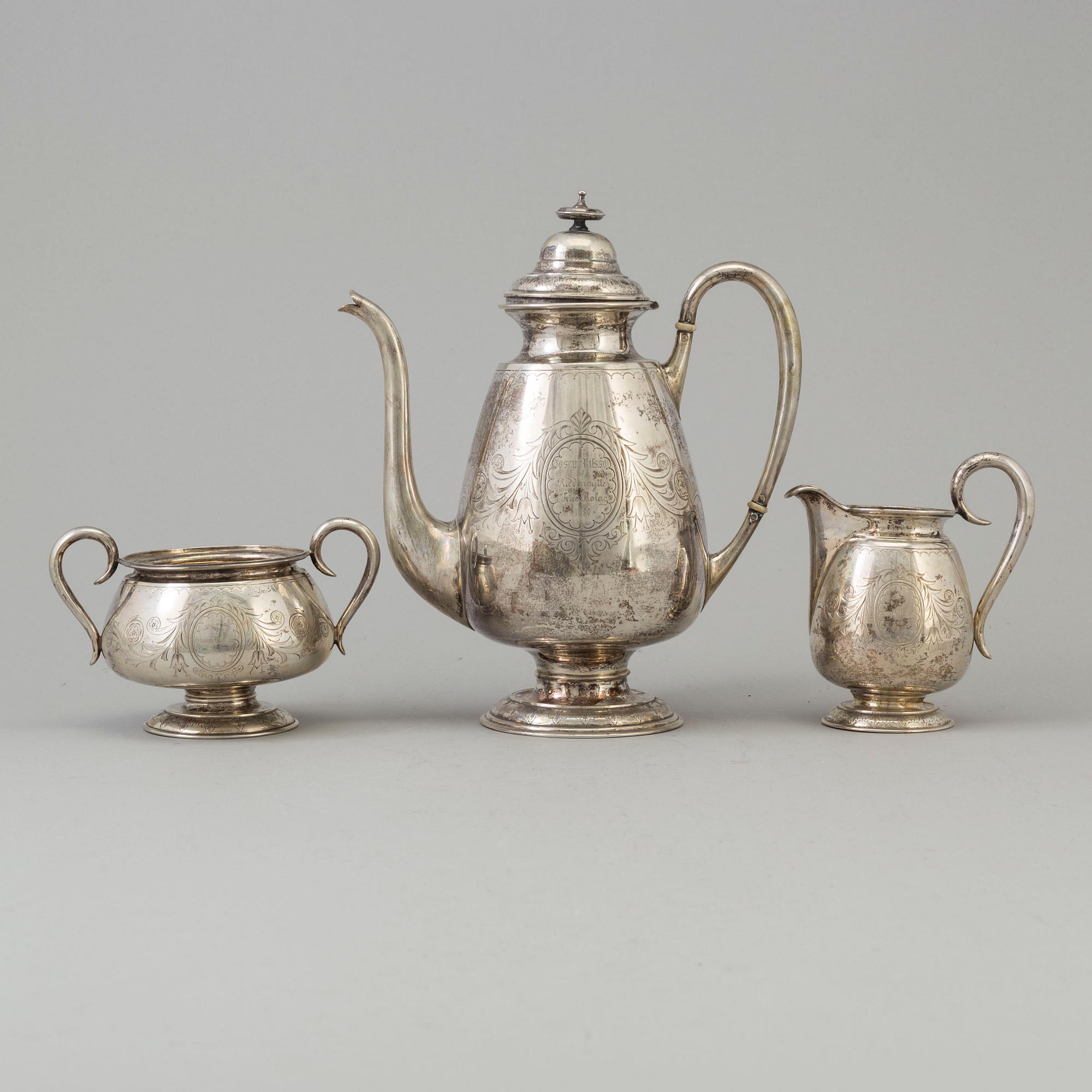 GUSTAF MÖLLENBORG, kaffeservis, silver, tre delar, Stockholm, 1860/70-tal.