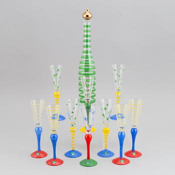 Anne Nilsson,  a set of10 glasses and decanter, "Clown", Orrefors.