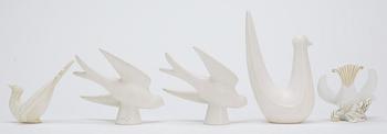 A set of five Gunnar Nylund stoneware figures of birds, Rörstrand.