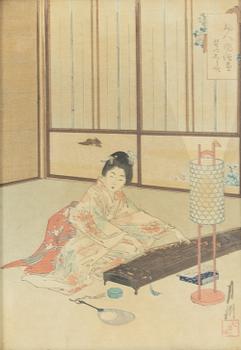 Ando Hiroshige, after, three woodblock prints and Gekko Ogata 'Koto Player'.