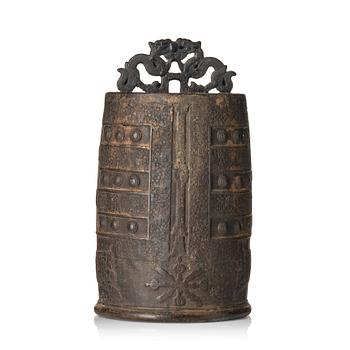 1086. A bronze temple bell with suspension loop (Bo) and coiled and interlaced Dragons, Ming dynasty or older.