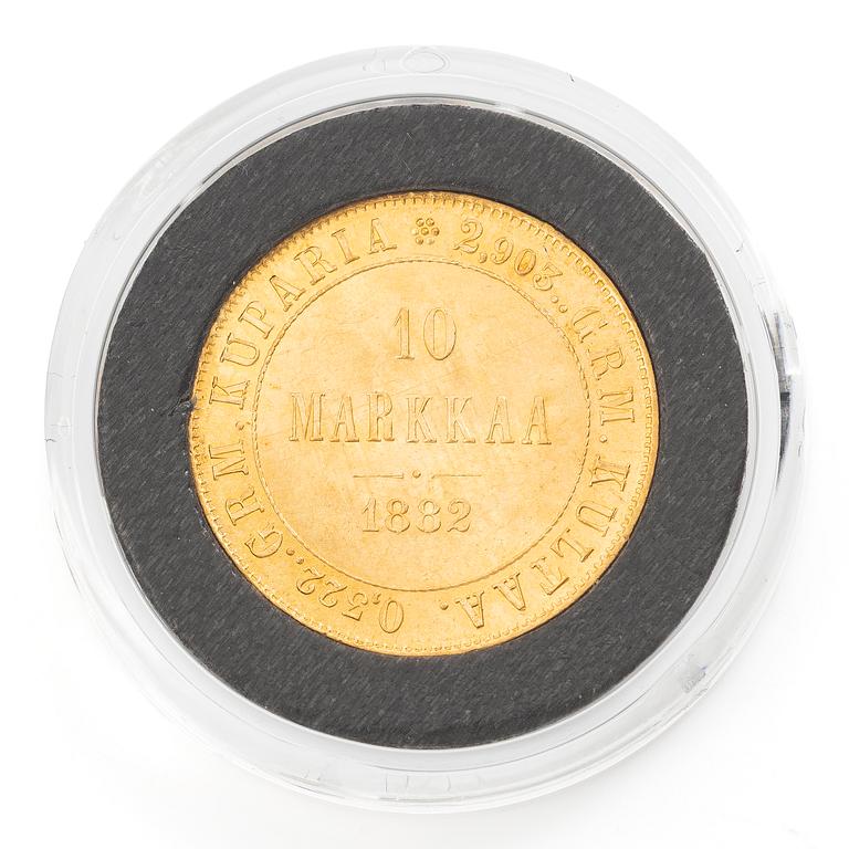 Guldmynt, Storhertigdömet Finland, Alexander III, 10 Markka 1882.