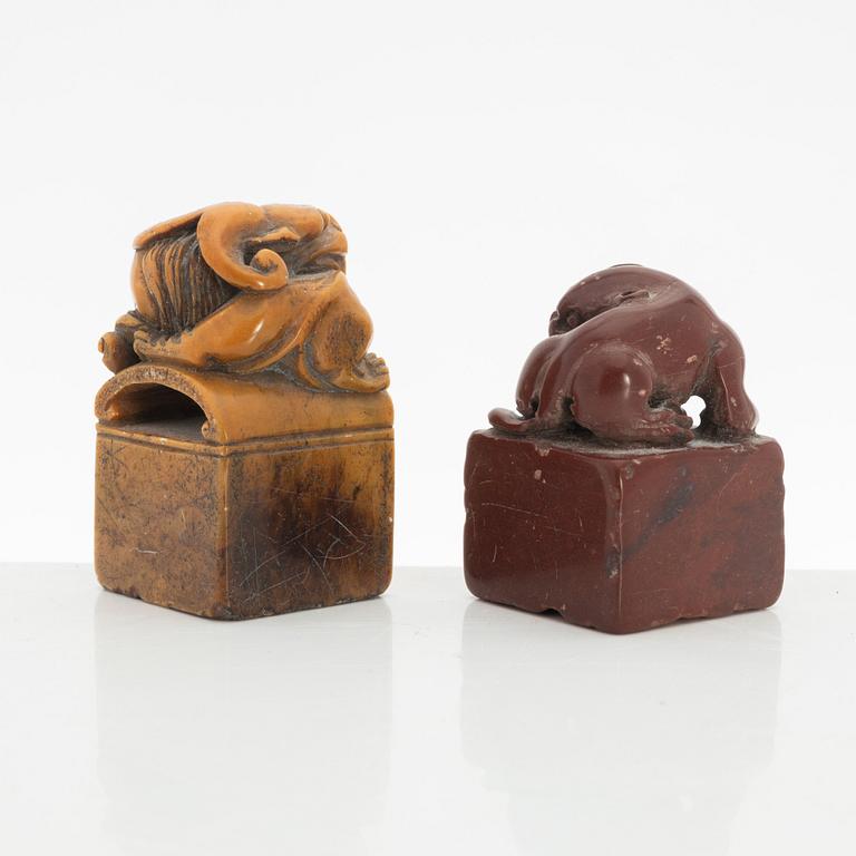 Two Chinese seals, in red and yellow stone.