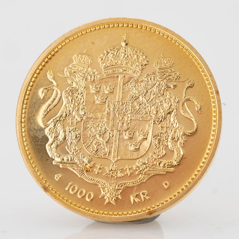 Guldmynt, 21,6 k, 1000 kronor, Drottning Silvia, Sverige 1993. Vikt 5,8 gram.