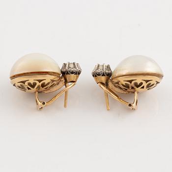 Gold and mabe pearl and brilliant cut diamond earrings.
